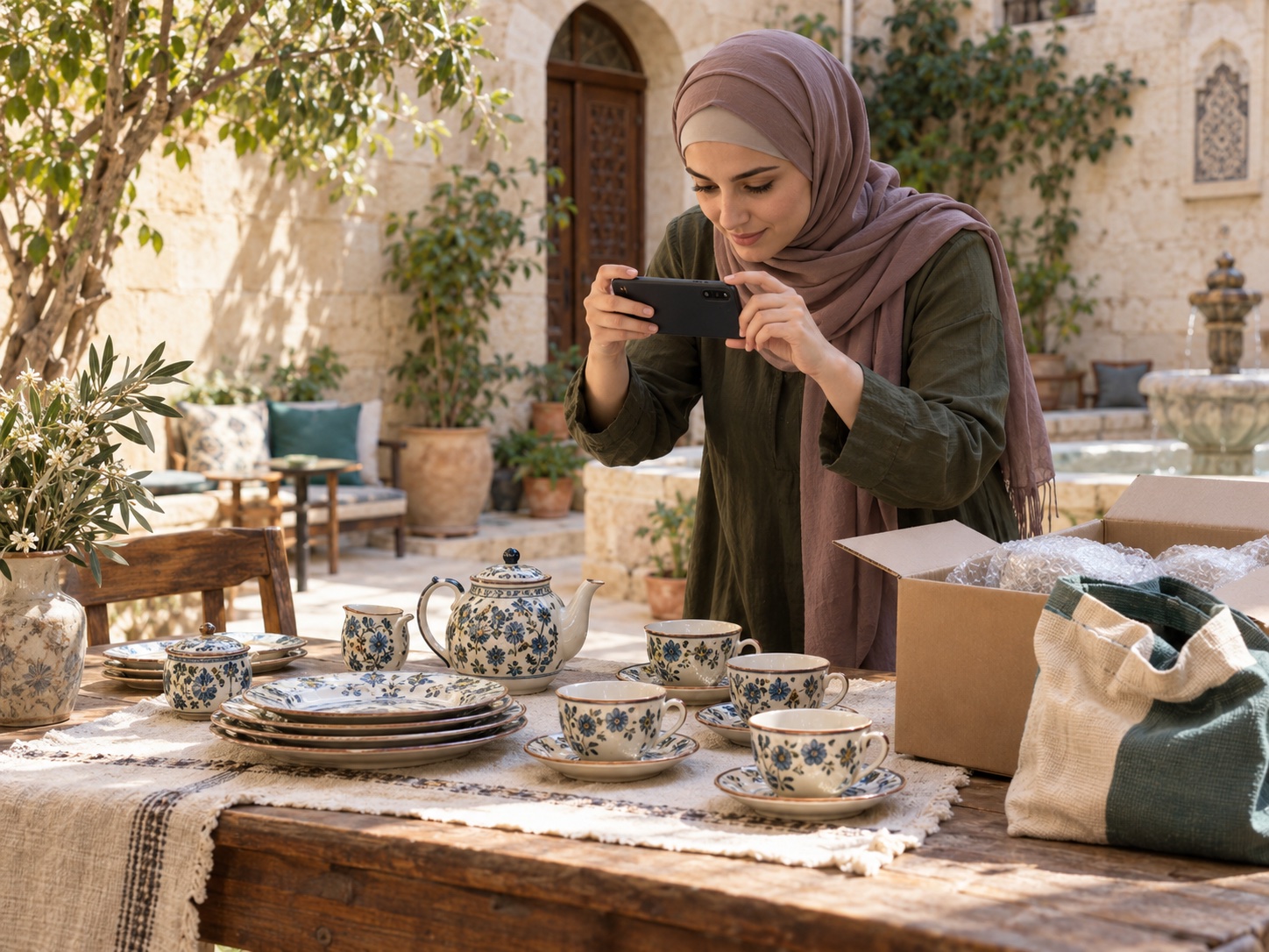 A seller photographs a secondhand dinnerware set for a Sham Marketplace listing