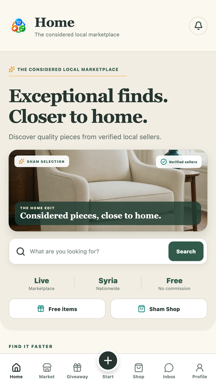 Sham Marketplace home screen with featured finds and categories