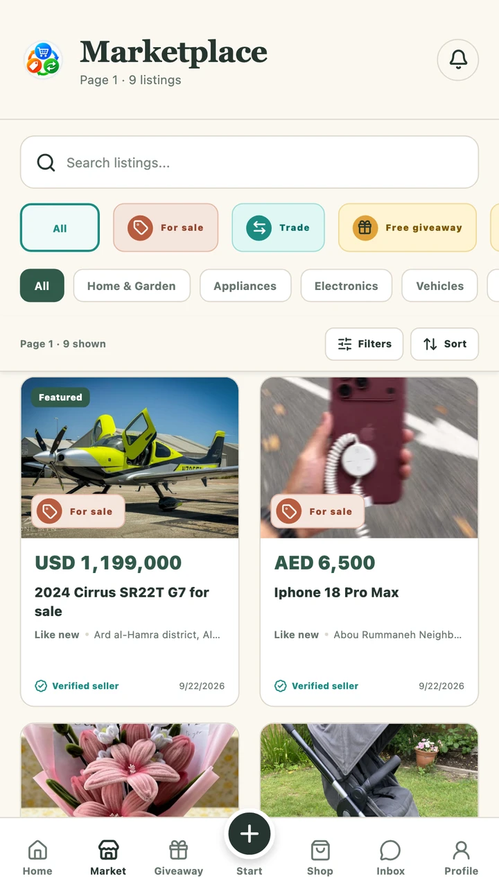 Sham Marketplace browse screen with local listings